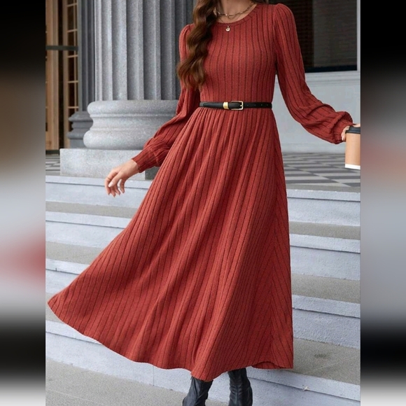 Dresses & Skirts - Women's Round Red Dress Neck Lantern Sleeve Ribbed Bodycon Winter Dress